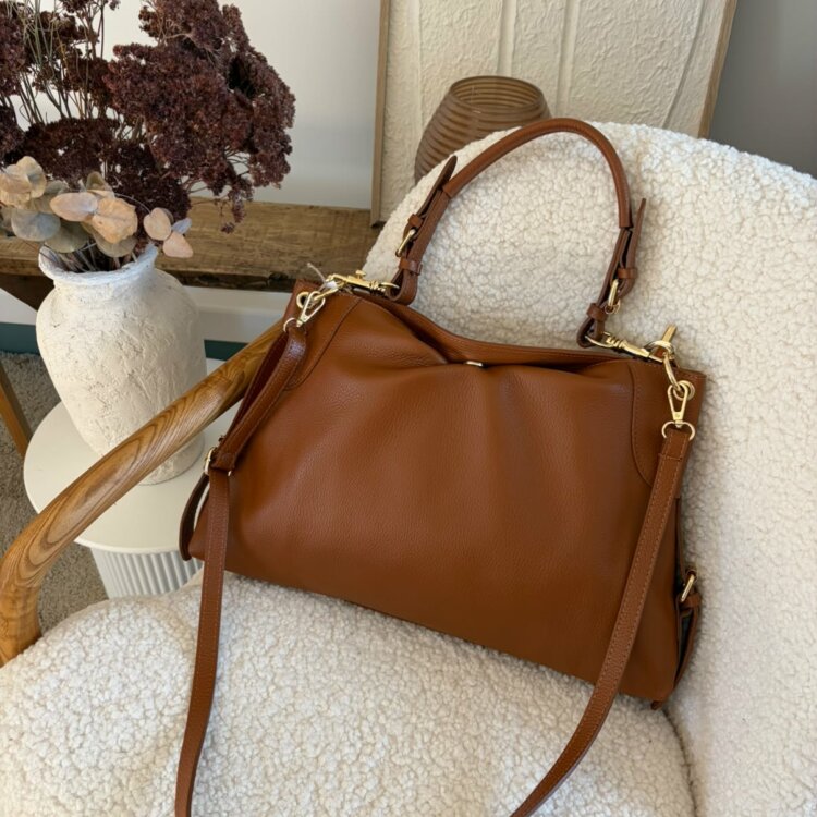 Sac en cuir cognac porté main et épaule à bandoulière amovible Gabrielle