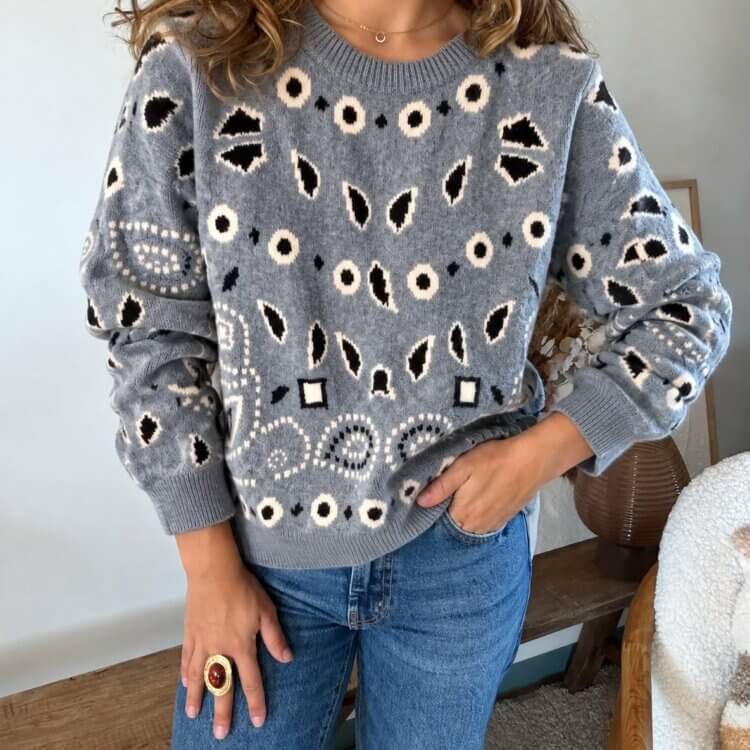 Pull jacquard gris à motifs bandana Paloma