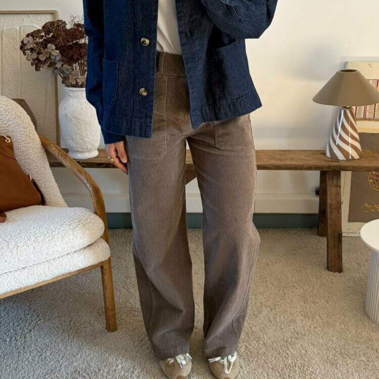 Pantalon large en velours côtelé gris taupe Alexandre