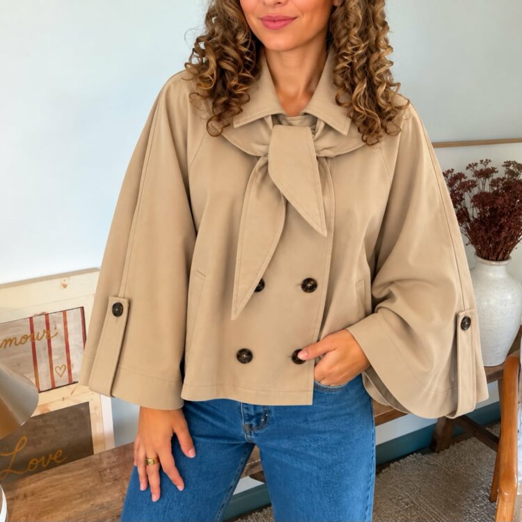 Cape courte beige en coton à col foulard amovible et doublure vichy Marguerite