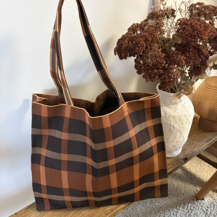 Grand sac cabas à carreaux marron et caramel Augustin