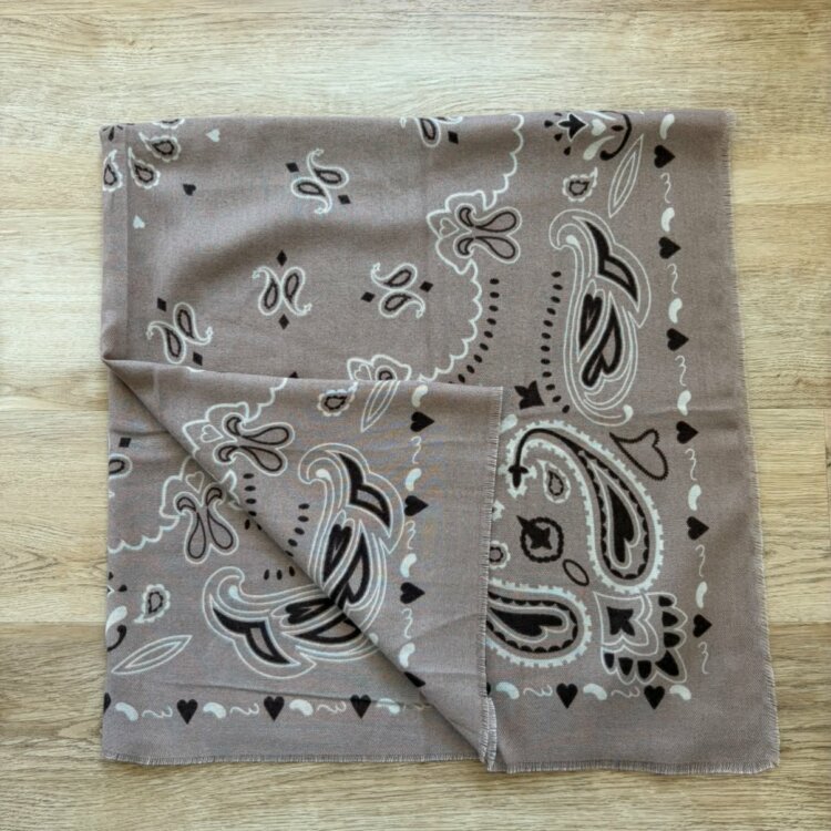 Grand foulard taupe à motifs cachemire et cœurs Armand